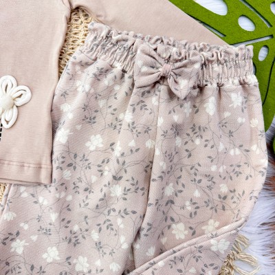 Conj. Blusa Manga Longa Flores 3D e Calça Floral - Areia